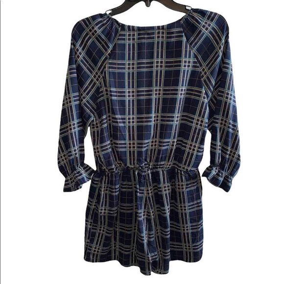 Plaid V-Neck Romper Women Medium Blue Long Sleeve Lined Negtled & Co Elast Waist - Picture 2 of 7